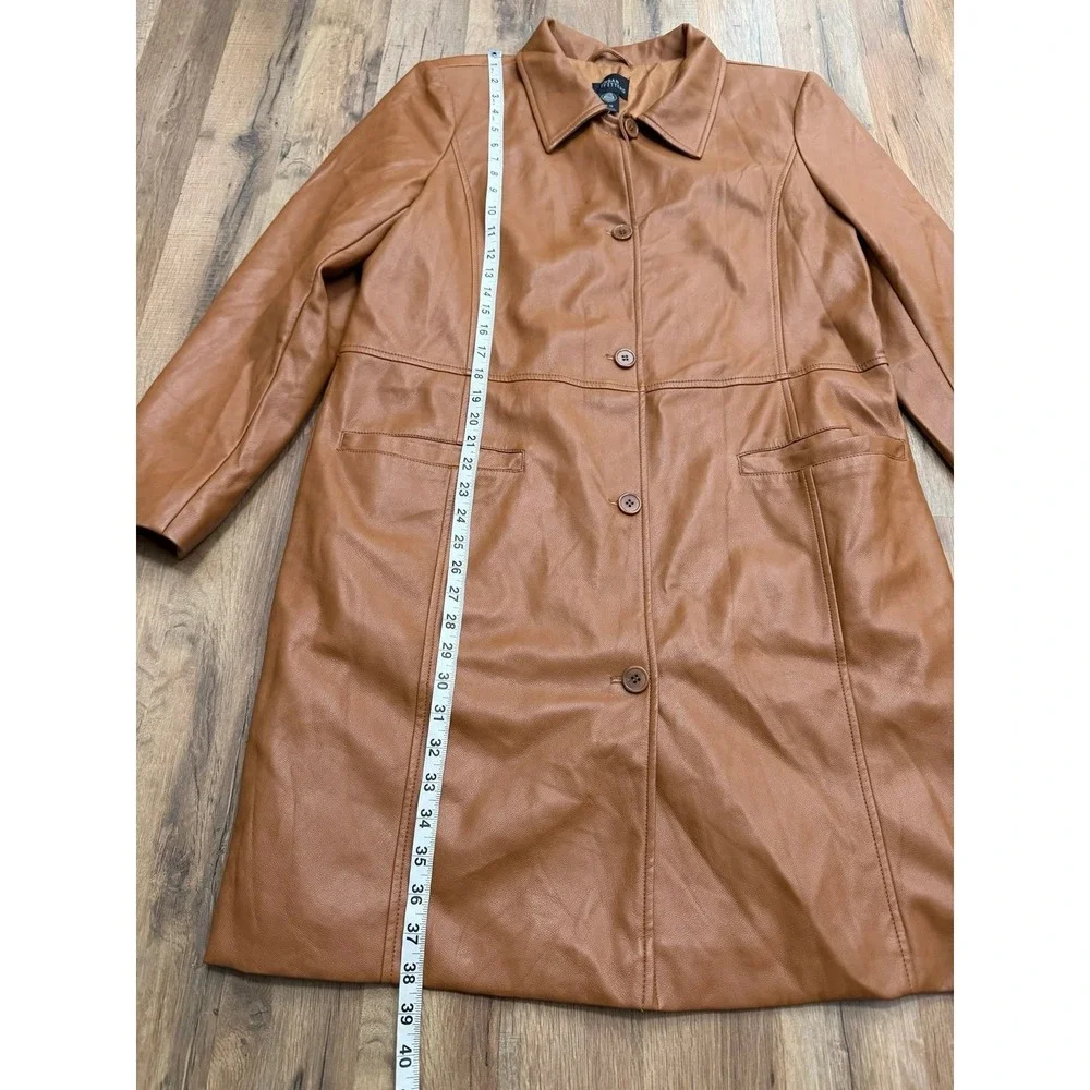 Urban Outfitters Brown Faux Leather Long Coat Women XL Button Front Y2K